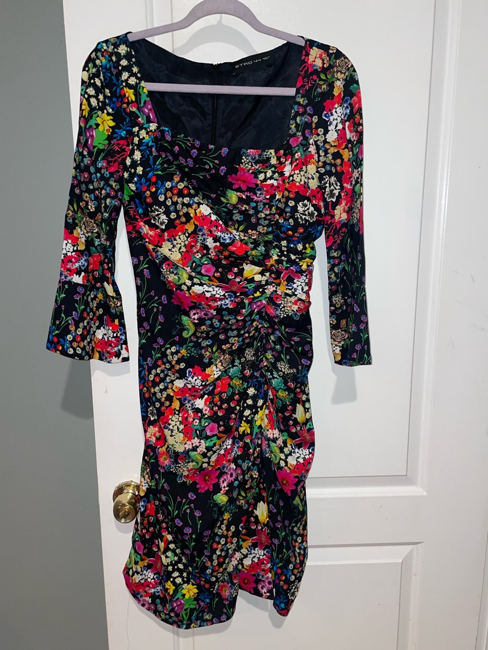 Etro Black Multicolor Floral Ruched Asymmetric Midi Dress 🖤 size 8 - Picture 4 of 9